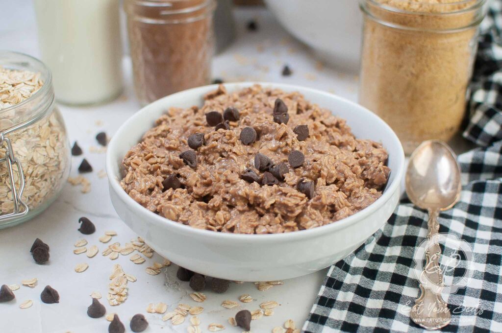 chocolate overnight oats served in a bowl